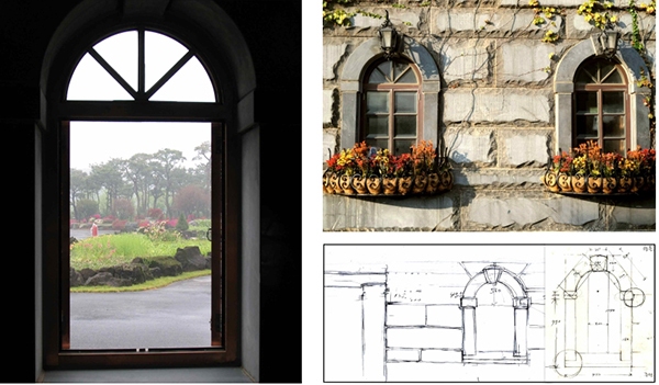 창은 풍경을 담는 액자이다. 벽초지 수목원 사무실에서 garden이 보이는 창은 계절마다 변하는 자연을 액자 속에 담아내고 있다. 스케치(우측 하단)는 석조건물의 창을 디자인한 것이다.(2002년 작업)