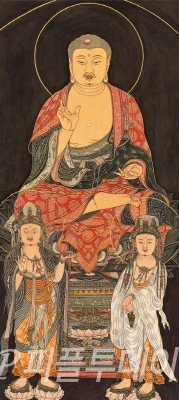 아미타삼존도(阿彌陀三尊圖), 111.2x50.9cm 고려후기 일본 네즈미술관 소장